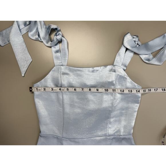 Skies Are Blue Satin Midi Dress XS Pastel Baby Blue Bridesmaid Bow Straps Ruffle - Picture 11 of 16